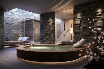 A relaxing retreat: interior images of spa salon with cozy treatment rooms and jacuzzis - obrazy, fototapety, plakaty