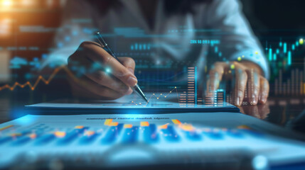 representation of business analytics, featuring a person's hand using a digital pen on a surface that displays vibrant graphical data overlays.