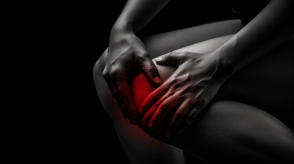 person's hands touching their own knee, with a visual representation of pain indicated by a red glow on the knee, suggesting a sports injury or joint pain.