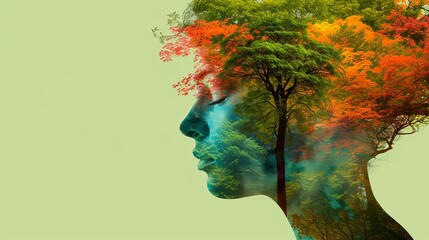 Double exposure combines face and forest. The concept of the unity of nature and man. The vitality of the human soul in nature illustration. Illustration for cover, card, interior design, poster, etc