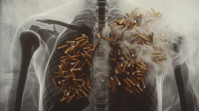 conceptual X-ray image of a human torso with the ribcage and spine visible, overlaid with discarded cigarette butts and smoke