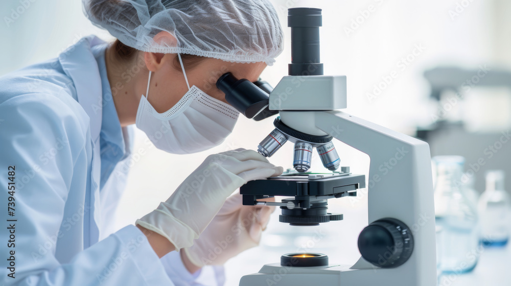 Poster scientist using a microscope in a laboratory setting, likely conducting research or analysis.