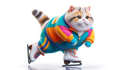  Domestic Cute Cat Character In Sportwear Figure Skating on Ice. Fluffy Funny Sport Cat Pet Animal in Skate Mascot Avatar Fantasy Portrait Art Illustration