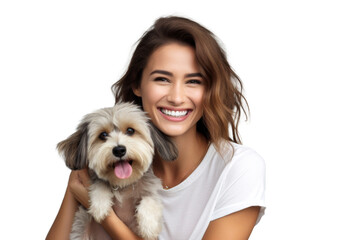 Portrait of beautiful women hugging cute dog with smile and hppiness isolated on background, lovely moment of pet and owner. - obrazy, fototapety, plakaty