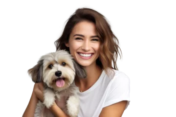 Foto op Aluminium Portrait of beautiful women hugging cute dog with smile and hppiness isolated on background, lovely moment of pet and owner. © somsuda