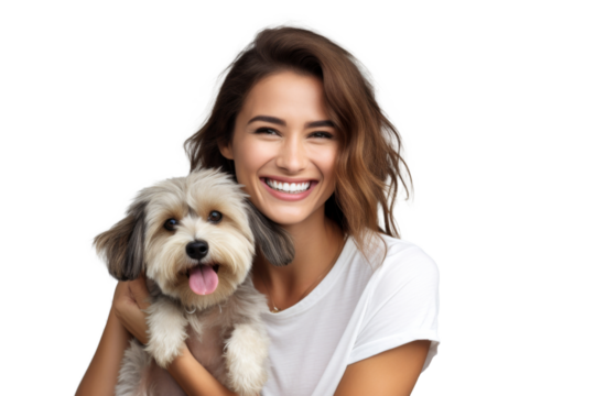 Portrait of beautiful women hugging cute dog with smile and hppiness isolated on background, lovely moment of pet and owner.