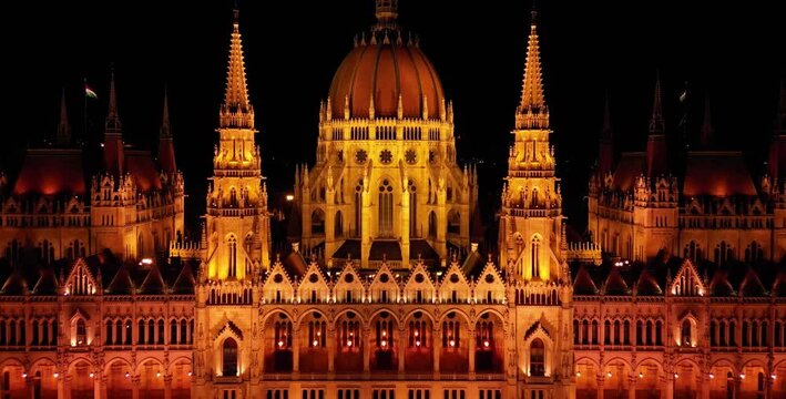 Aerial and drone view of Budapest parliament and Danube river at night, Hungary