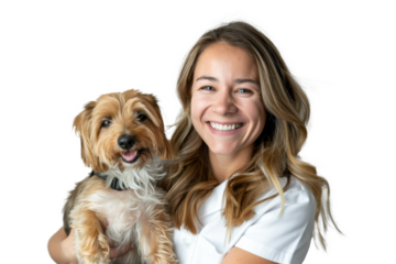 Portrait of beautiful women hugging cute dog with smile and hppiness isolated on background, lovely moment of pet and owner.