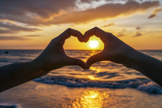 Two hands making a heart shape for San Valentine’s Day. In summer, during sunset. Love. Love-shapred hands