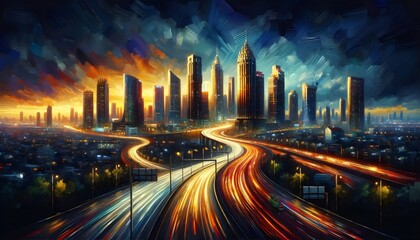 a painting of a city at night, with tall skyscrapers illuminated by warm and cool lights.