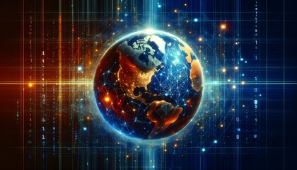Obraz premium s a digital globe of the Earth surrounded by green and blue lines resembling binary code