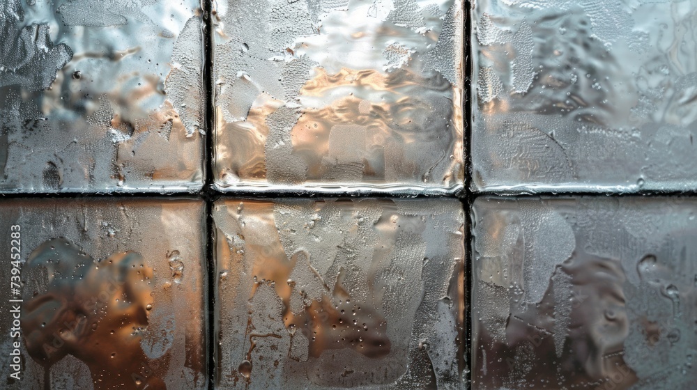 Poster the image shows a detailed close-up of a window with raindrops on it, creating a textured surface. t