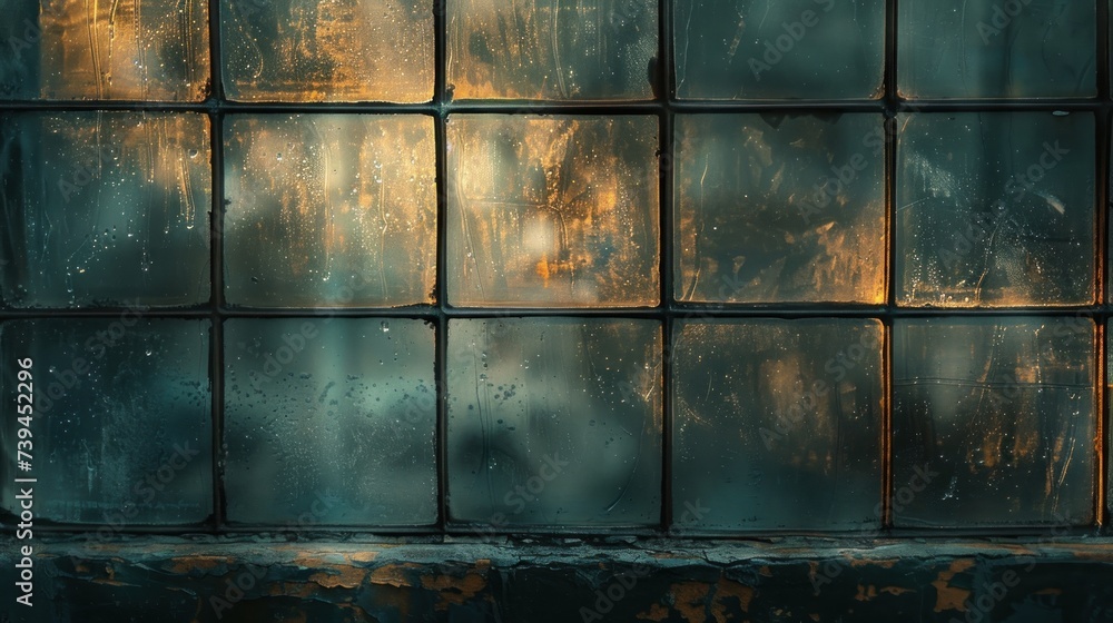 Poster The photo captures a window with condensation forming on the glass, creating a unique texture and visual effect