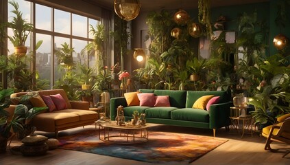Architectural Digest photo of a maximalist green solarpunk living room with lots of flowers and plants, golden light, hyperrealistic surrealism, award winning masterpiece with incredible details - obrazy, fototapety, plakaty