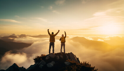 Two hikers in yellow celebrating success on top of the mountain - obrazy, fototapety, plakaty