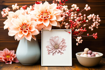 A beautiful arrangement of flowers adorns a vase, offering a delightful centerpiece with ample space around it for text or other design elements in a mockup setting.