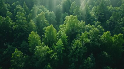 Fototapeta na wymiar This aerial photograph captures a dense forest with sunlight piercing through the canopy, creating a beautiful interplay of light and shadow on the forest floor