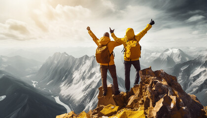 Two hikers in yellow celebrating success on top of the mountain