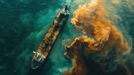 A large boat is seen floating on top of a body of water. Tanker spilled oil in the sea accident