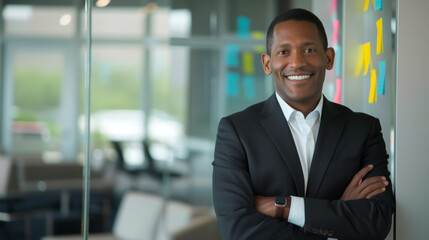 Fototapeta premium confident young businessman standing in an office with his arms crossed.