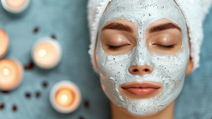 A woman with a white mask covering her face, pampering herself with a skincare routine at home - obrazy, fototapety, plakaty
