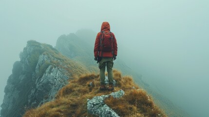 An individual wearing a red jacket stands on a hill, overlooking the mist-covered landscape below. The person appears to be observing their surroundings