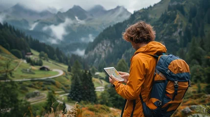 Fotobehang A man with a backpack is seen standing in the mountains, carefully studying a map in his hands to navigate the rugged terrain and find his way through the challenging landscape © FryArt Studio