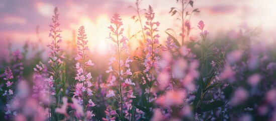 banner field with wildflowers, beautiful pink sunrise, sunset, blossom, concept spring, summer, natural background