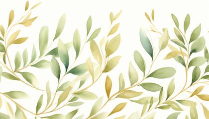 Watercolor seamless border illustration with green leaves