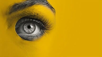 Hidden secrets. Female eye attentively looking into keyhole against yellow background. Contemporary art collage. Conceptual design. Concept of creativity, abstract art, imagination and inspiration - obrazy, fototapety, plakaty