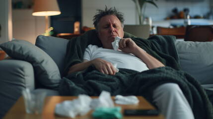 man lying on a couch, blowing his nose with a tissue, appearing to be ill