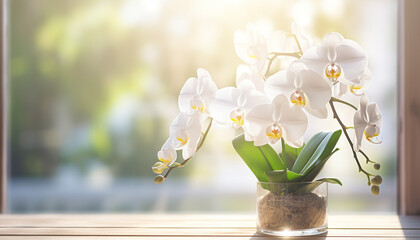 white orchid flower decoration in a glass vase - obrazy, fototapety, plakaty