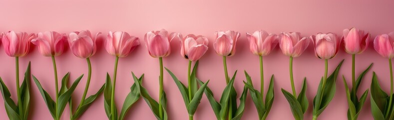 banner Pink tulips on pink background, top view, background for congratulations