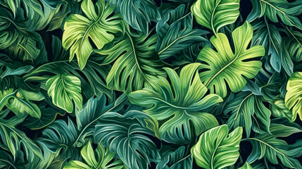 Vibrant and lush, this tropical background features an array of jungle plants, creating an exotic pattern adorned with vivid palm leaves for a captivating visual experience.