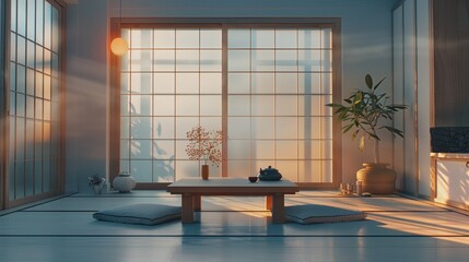 Enter a modern Japanese-style tiny room adorned with minimalist decor and traditional elements, tatami flooring, sliding shoji doors, and a low-height table with floor cushions