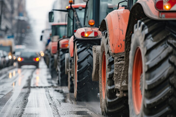 Heavy agricultural machinery in city, Tractors block traffic on street, Farmers protest, Demonstration due to economic problems - obrazy, fototapety, plakaty