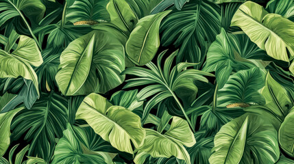 Vibrant and lush, this tropical background features an array of jungle plants, creating an exotic pattern adorned with vivid palm leaves for a captivating visual experience.