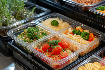 Lunch boxes with prepared food for healthy nutrition. Catering service for balanced diet. Takeaway food delivery in restaurant. Containers with everyday meals