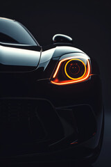 Cropped image of sport car on dark background, vertical shot. Minimalistic theme for smartphone or social media story