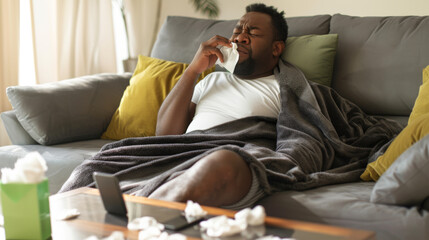 man lying on a couch, blowing his nose with a tissue, appearing to be ill - obrazy, fototapety, plakaty