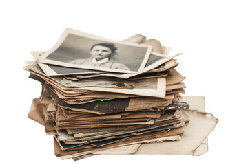 Stack of vintage sepia style photos isolated on transparent background. Photo from family album....