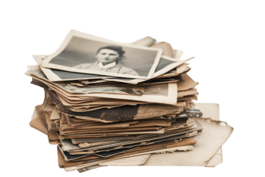 Stack of vintage sepia style photos isolated on transparent background. Photo from family album. Archive snapshot. Old portrait capturing people from the past