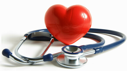red heart-shaped object alongside a blue stethoscope against a white background, symbolizing healthcare, cardiology, and medical professions.