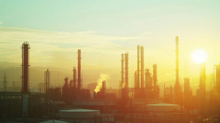 Fototapeta na wymiar industrial landscape at sunset with multiple smokestacks emitting large amounts of smoke, highlighting environmental concerns related to air pollution.
