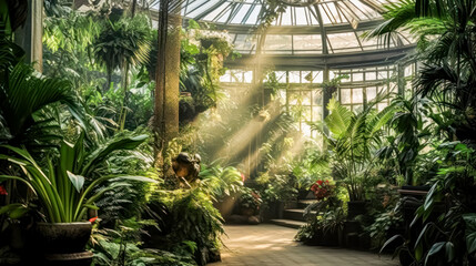 Fototapeta na wymiar Indoor botanical garden flourishes with lush greenery, bathed in sunlight pouring through panoramic windows, offering a refreshing and natural backdrop.
