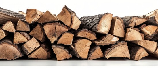 Rustic pile of seasoned firewood logs ready for winter fireplace warmth