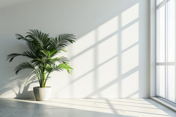 Fototapeta na wymiar Modern Apartment With Sunlight Casting Shadows Through Window And Potted Green Plant In Corner. Minimalistic Interior With Empty White Wall With Copy Space