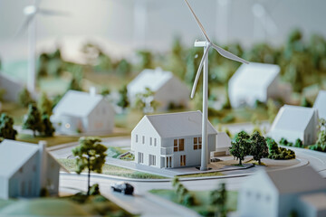 Wind turbines and models of houses on an architectural layout. Environmental care and green energy. Renewable energy development project