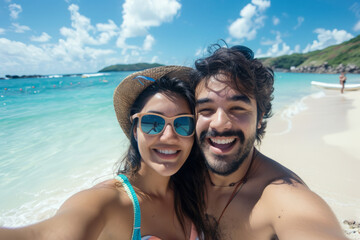 Obraz premium Man and woman standing on sandy beach, smiling at camera as they take selfie with sea view in background. Happy couple on summer vacations