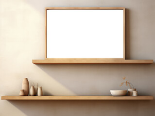 A plain wooden shelf with a rectangular mirror and various vases placed on top of it.